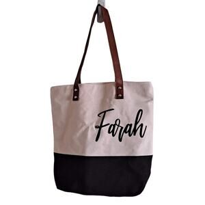 Farah Black Cream Canvas Tote Bag w Lining, Zip Closure -11" X 15" X 4.5"